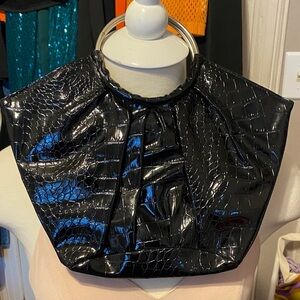 Pre-Owned Black Faux Leather Crocodile-Embossed Women's Handbag, Great Condition